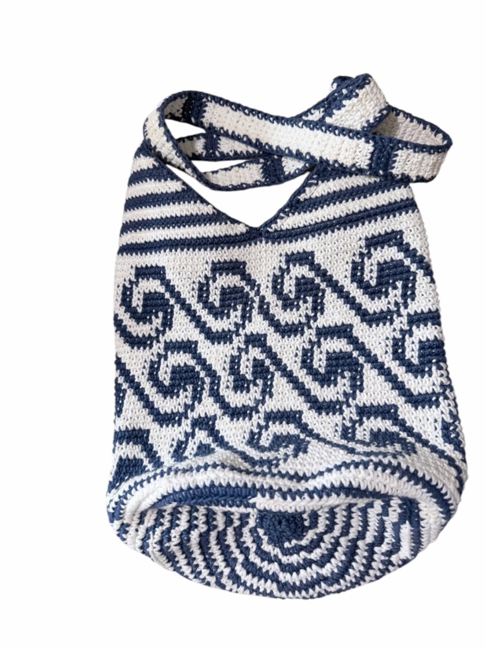 Crochet Tote Bag - Navy & White Geometric Pattern